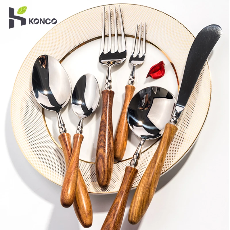 Konco Wood Dinnerware Set,Stainless Steel Cutlery Set Knife Fork Spoon Flatware Set Dishwasher Safe Cutlery Set