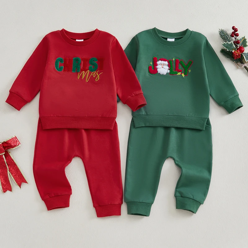 2024-08-24 Lioraitiin Toddler Boys Girls Christmas Sets Letter Santa Embroidered Long Sleeve Sweatshirt Long Pants Outfits