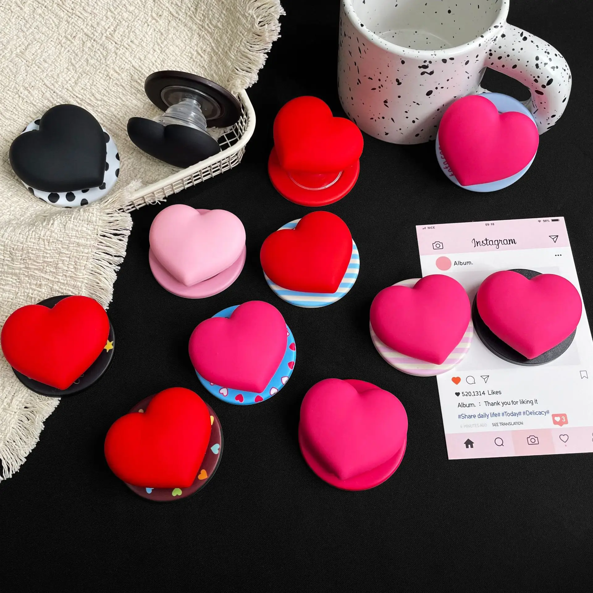 Pink Love Heart Magnetic Phone Grip Tok Holder Foldable Cute Universal Phone Desktop Stand Bracket Finger Socket for Cell Mobile