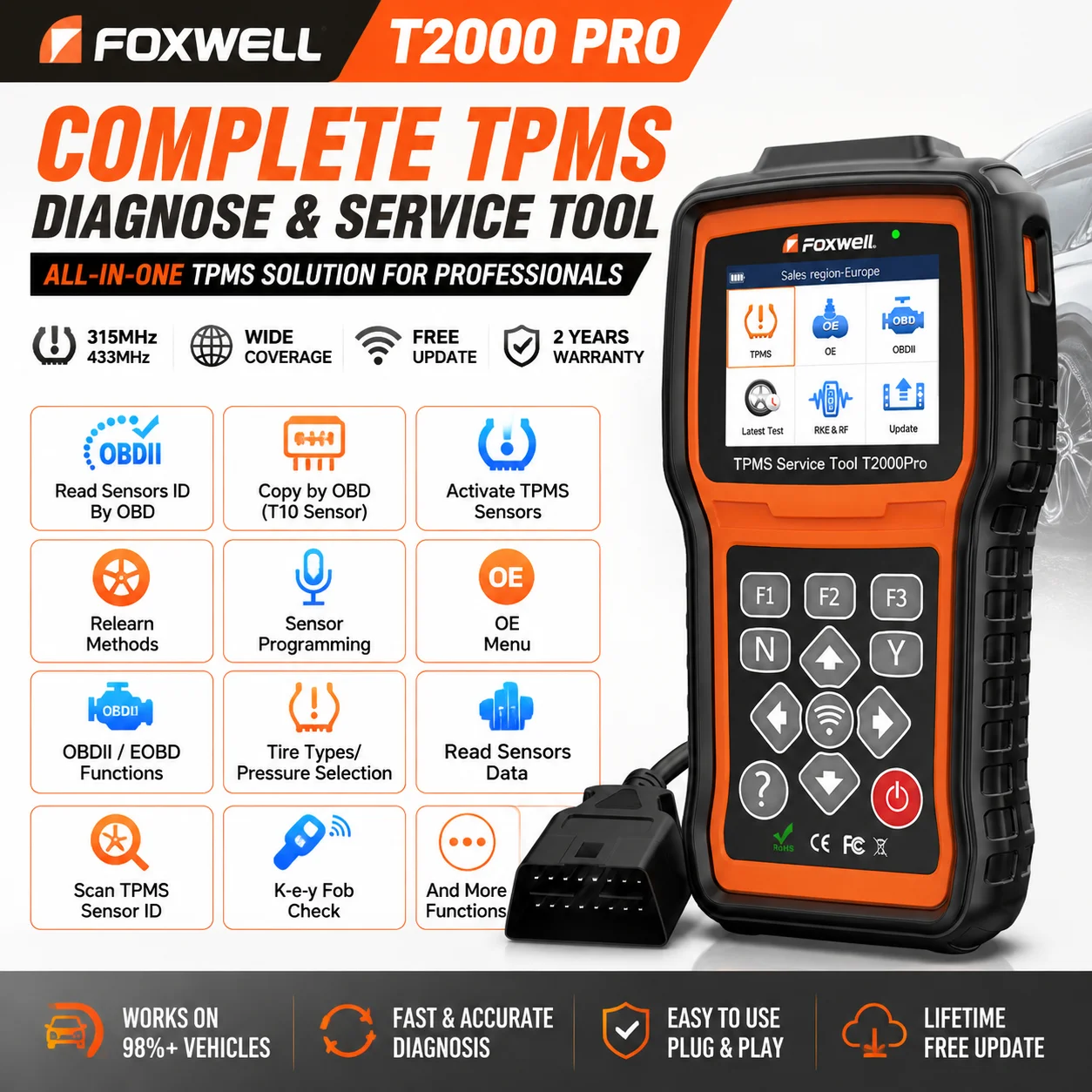 Image of FOXWELL T2000 Pro TPMS-Scanner Reifensensor-Programmiergerät 315/433MHz Aktivierung Neulernen Reset Diagnosegerät OBD2 für Autos