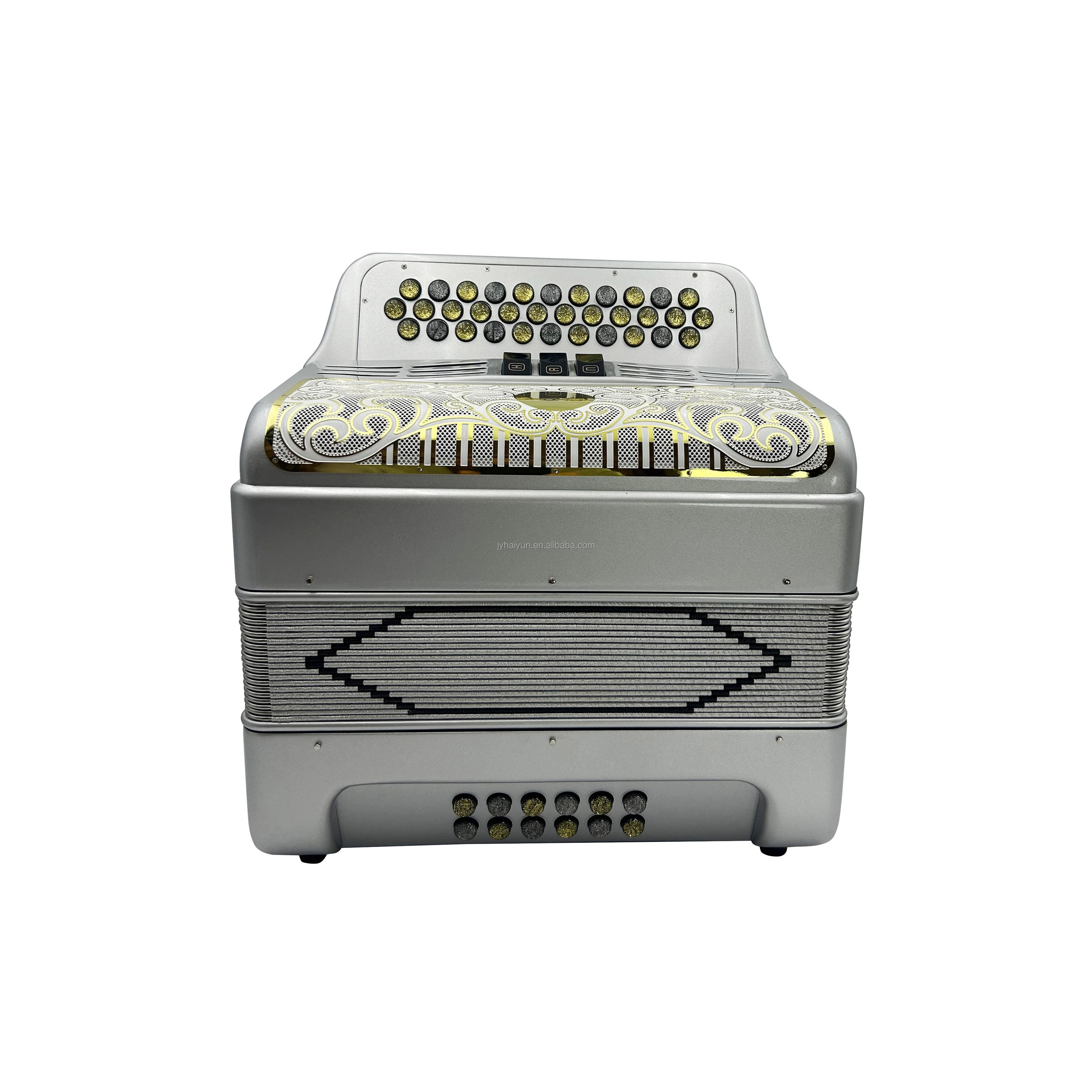 Diatonic Accordion with 34 Buttons 12 Bass 3 Registers Silver & White Gold Grill JB3412C Model