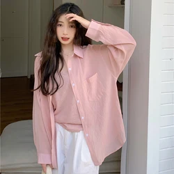 Korean Pink Sweet Short Summer Loose Thin Pocket Long Sleeve Female Casual Blouse Y2K Chic All Match Turn Down Collar Ladies Top