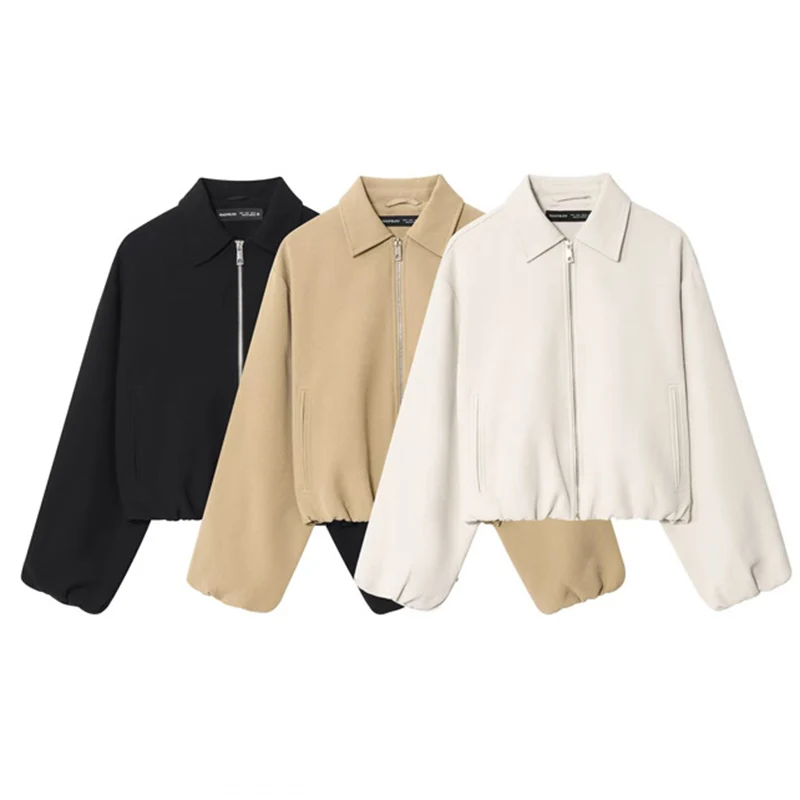 Fashion Luxury Women's Jacket Spring Autumn Pocket Turn Down Collar Zip Up Jacket Woman Korean Texture Puffer Sleeve Short Coat