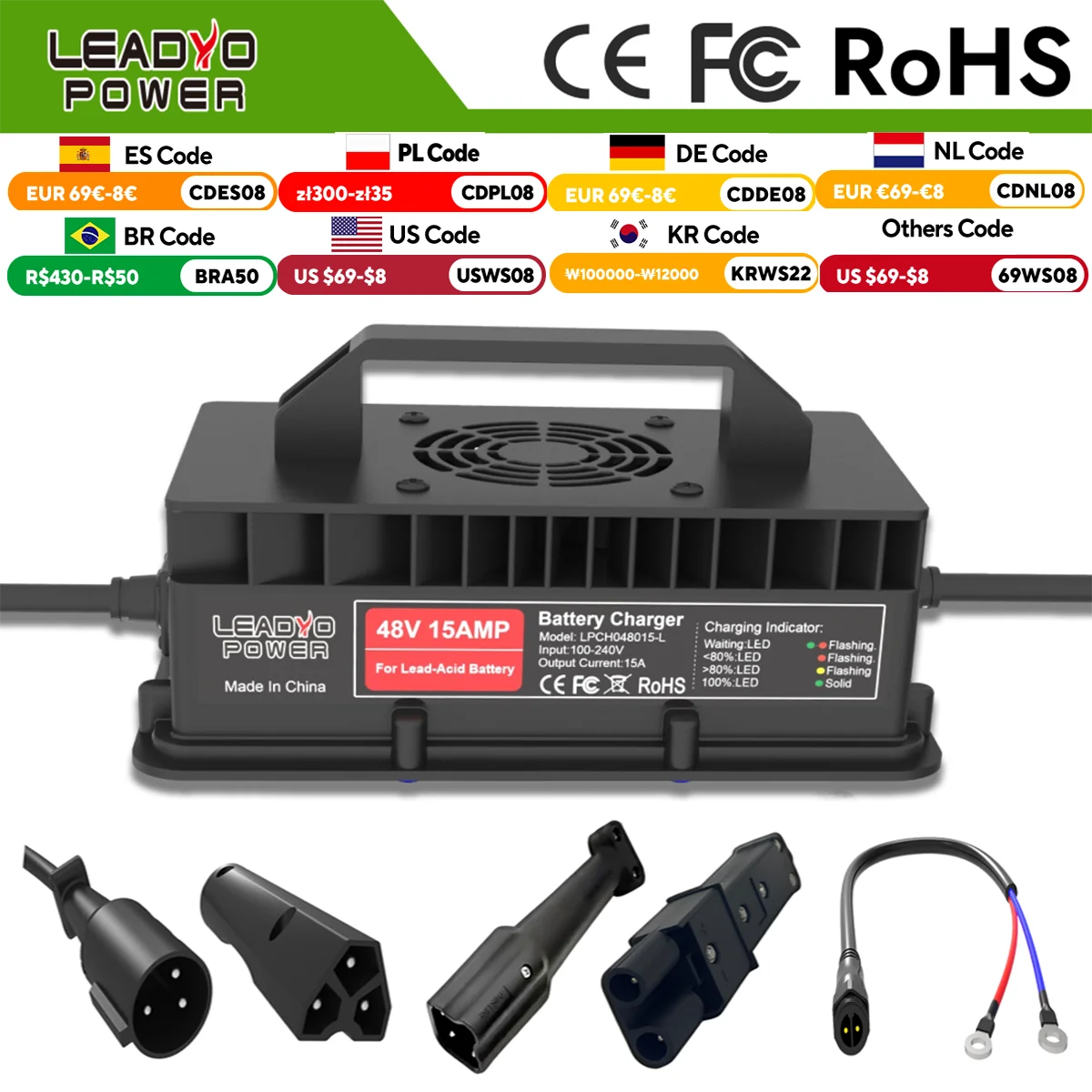 Golf Cart 48V 15A Lead-acid Battery Charger for Ez-go Yamaha Club Car Plug Battery smart Charger 800W IP67 waterproof