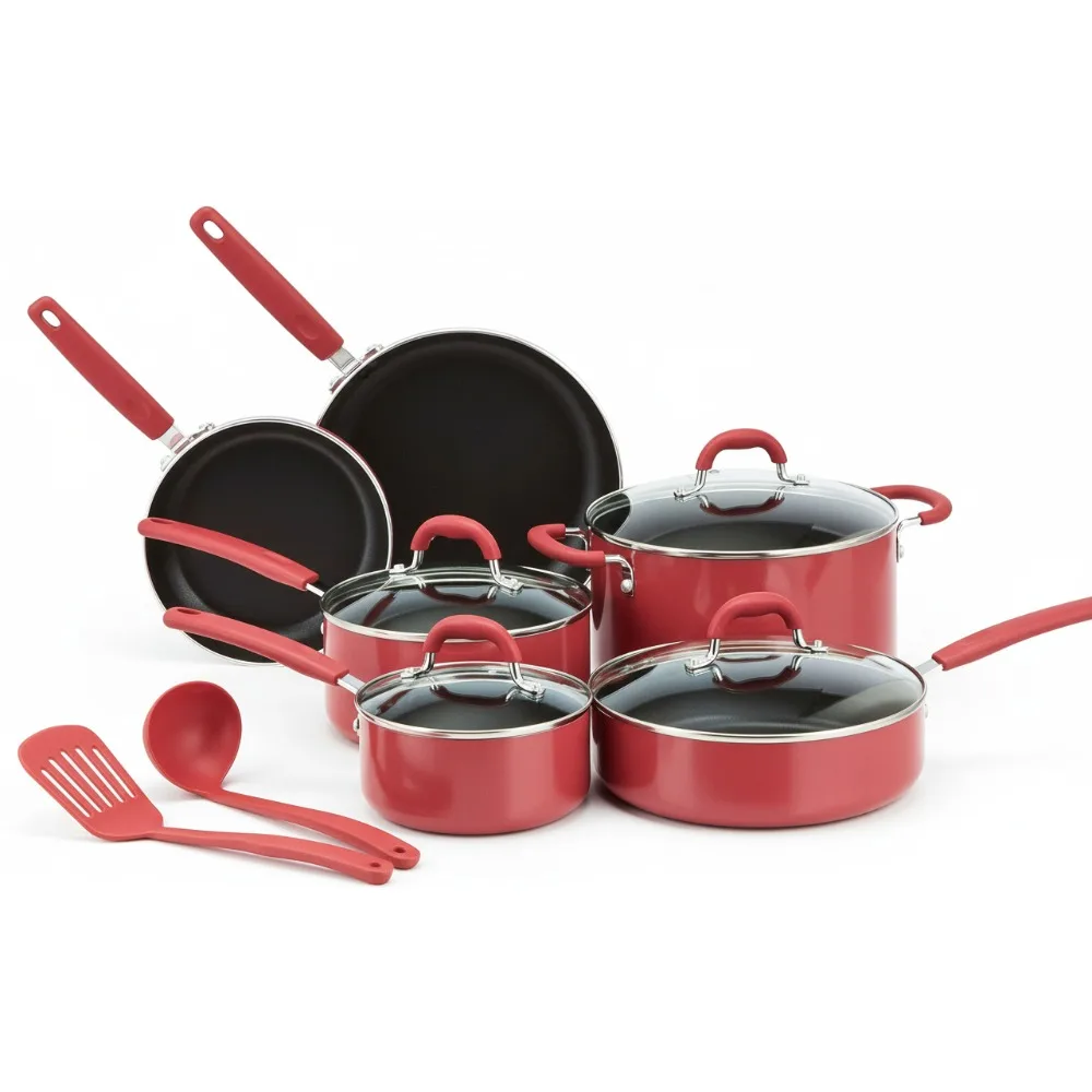 

Алюминиевый набор посуды премиум-класса из 12 предметов, красная кухонная утварь с антипригарным покрытием для домашней кулинарии