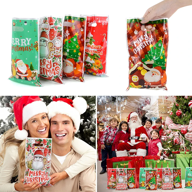 10pcs Christmas Candy Bags With Handles Santa Claus Snowman Elk Gift Bags Xmas Cookie Packaging Pouch For Home Navidad New Year