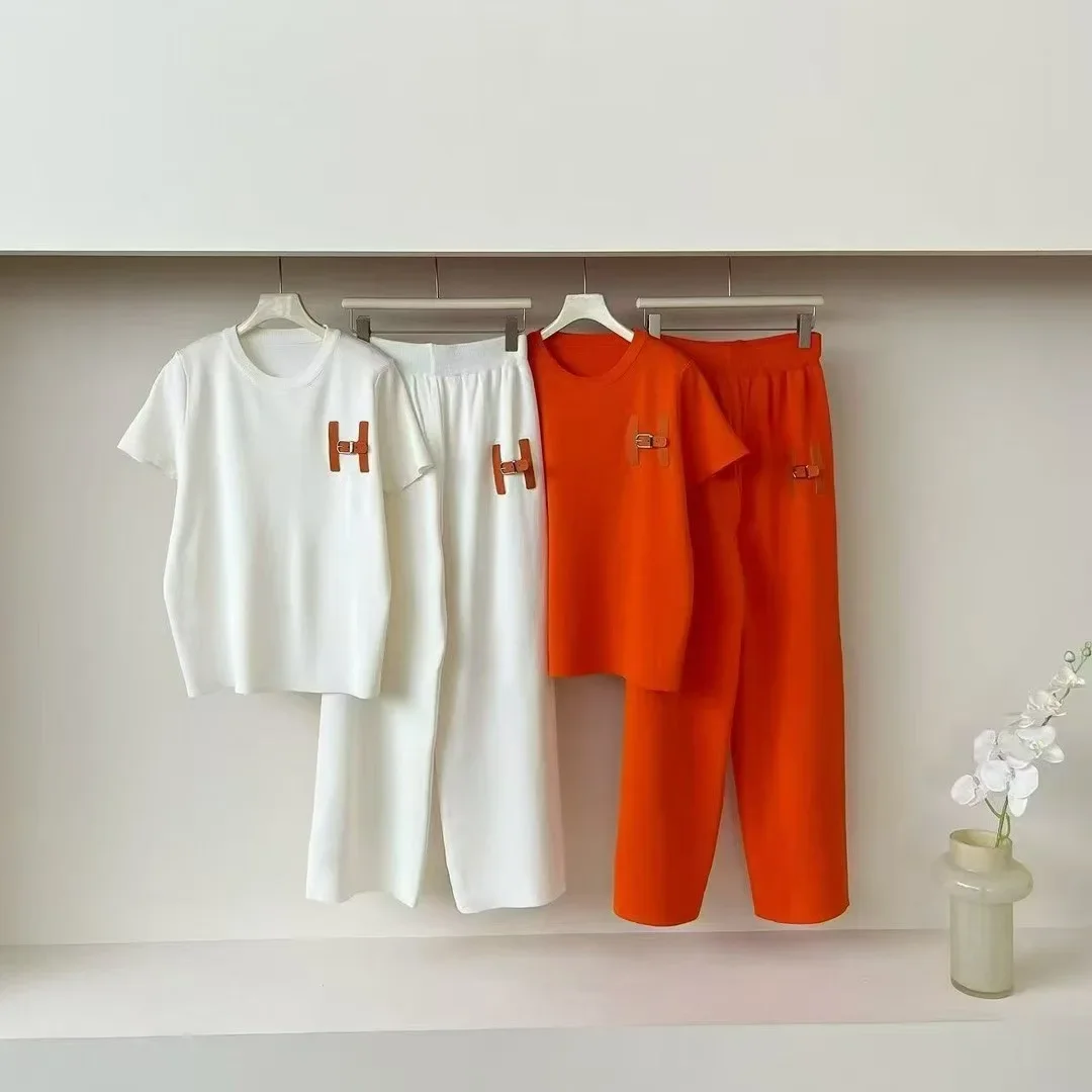 صيف جديد المرأة الحرير الجليد محبوك مجموعة جولة الرقبة طويلة الأكمام سراويل تقليدية الزي مريحة للتنفس المألوف المرأة En