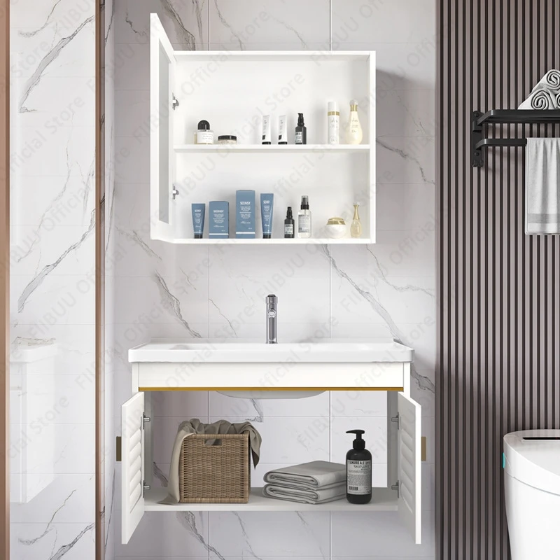 White Luxury Wall Mounted Bathroom Vanity Set with Integrated Sink Basin Mirror Cabinet Combo for Bathrooms Storage Organized