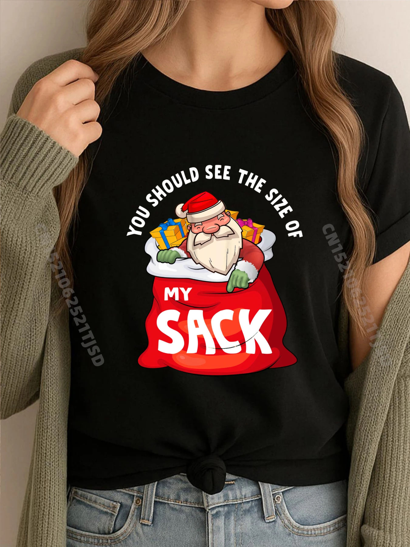 

Вы должны увидеть размер моего мешка, озорная рождественская роскошная футболка Санта-Клауса, натуральная мужская одежда