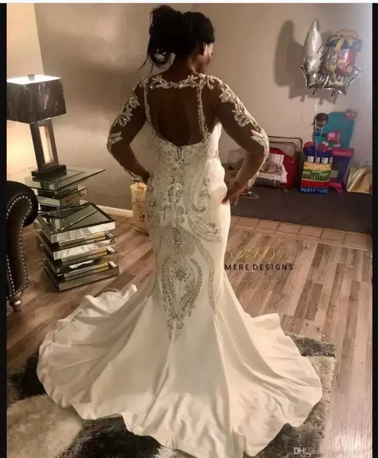 Customized Embroidery Beaded Mermaid Wedding Dresses Detachable Train Robe De Mariée Open Back Long Sleeves Bridal Gown