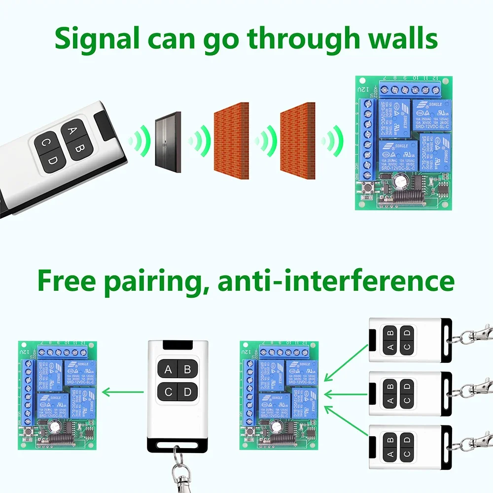 RF uniwersalny przełącznik zdalnego sterowania DC 12V 4CH 433Mhz moduł przekaźnika odbiorczego i 50m nadajnik światła/garaż/kurtyna/silnik