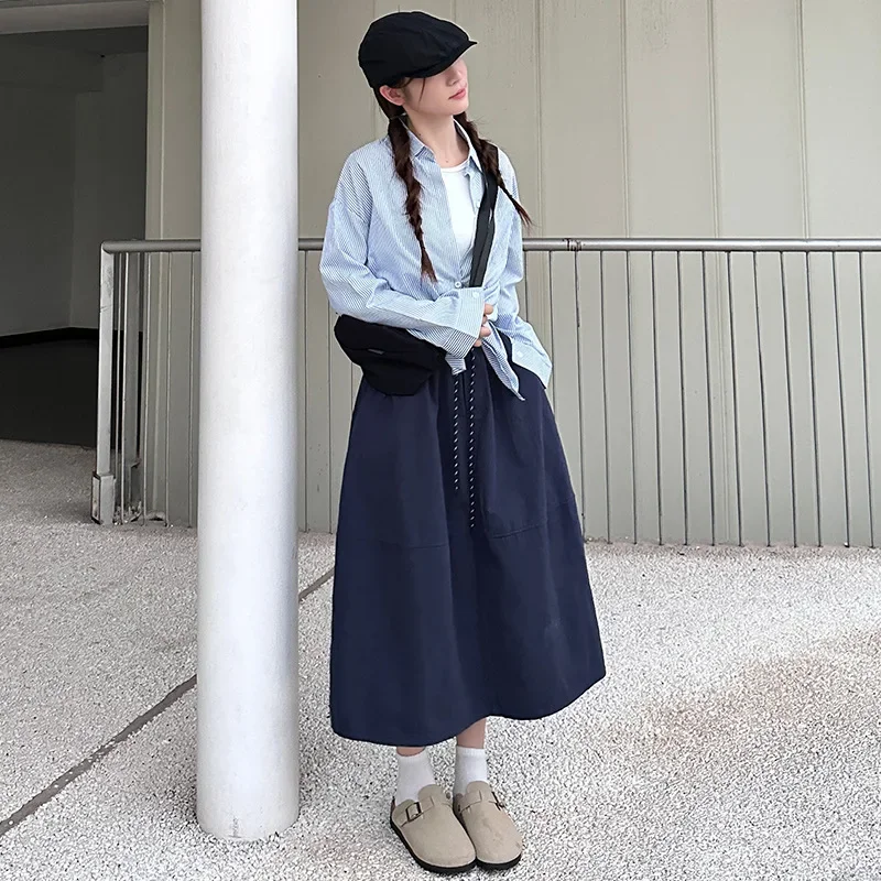 

100% Cotton Navy Blue Color Rope Elastic Big Swing Skirt 2024 Autumn And Winter New A-Word Midi Skirt Female Pure Color Matching