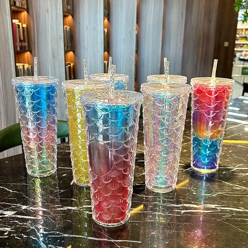 Starting Season Water Cup, INS Style Straw Cup, Large Capacity Colorful Fish Scale Water Cup, Heat-resistant Water Cup