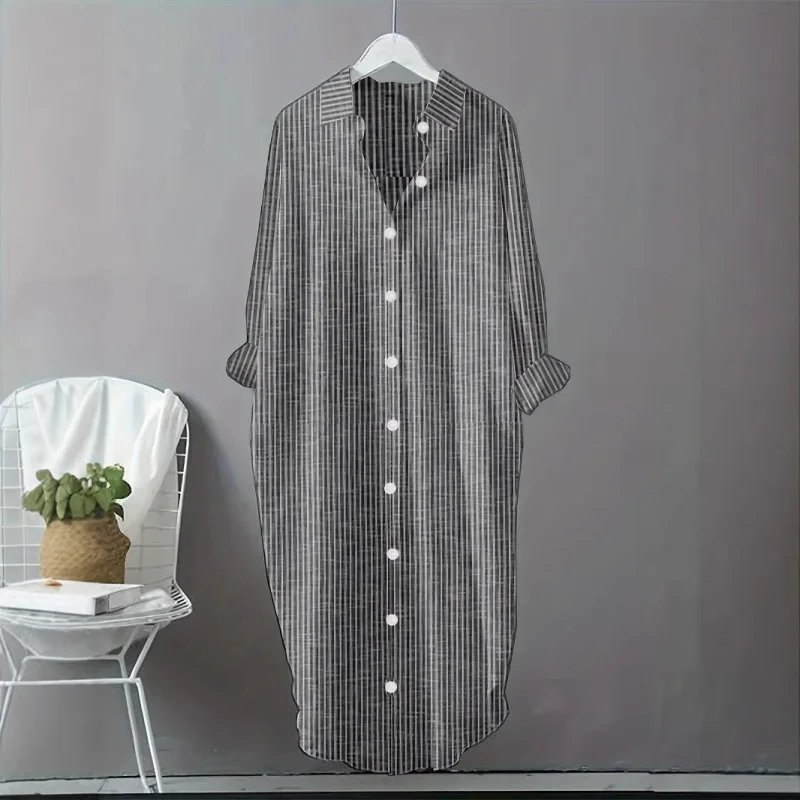 

【Spot Goods】European and American New2025Retro Loose Cotton and Linen Striped Blouse Women's Mid-Length Coat Shirt Dress