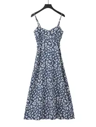 XNWMNZ 2024 Women's Fashion Floral Print Midi Dress Women Vacation Style V-neck Thin Straps Hem Side Split Female Dresses