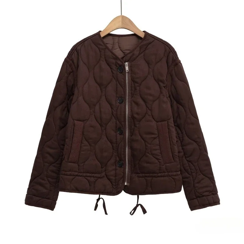 

Коричневая женская куртка в стиле ретро, новинка 2025 года, повседневные свободные однобортные хлопковые пальто с круглым вырезом и длинными рукавами, с регулируемым подолом