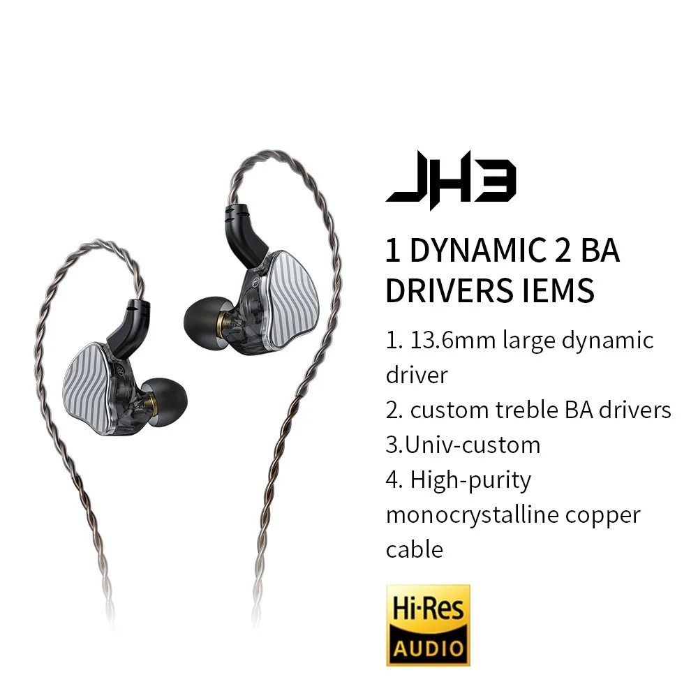 Top JH3 1DD+2BA Triple Hybrid Driver In-ear Earphone IEM HiFi Audio with Detachable 0.78 Cable Bass