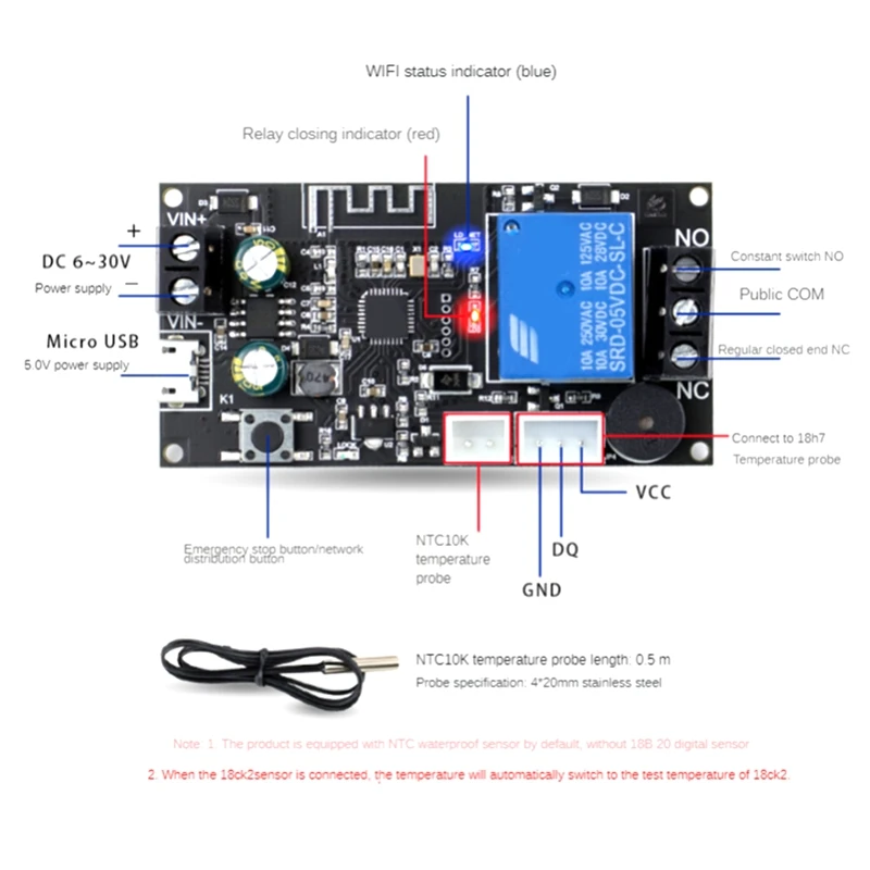 1 PCS Remote Wifi Thermostat High Precision Temperature Controller Module Temperature Controller Module Black