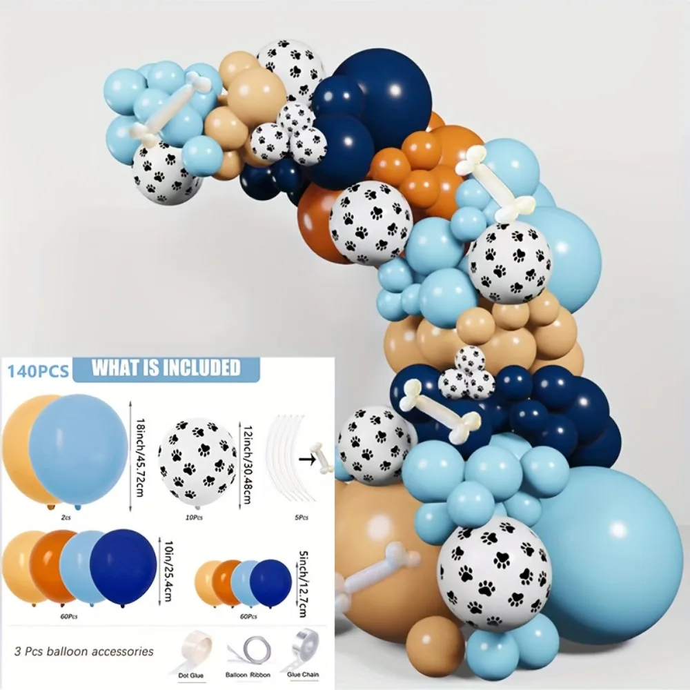 140PCS Dog Theme Party Set Birthday Party Decoration Blue Orange Skin Dog Paw Balloon Bone Aluminum Film Balloon Decoration