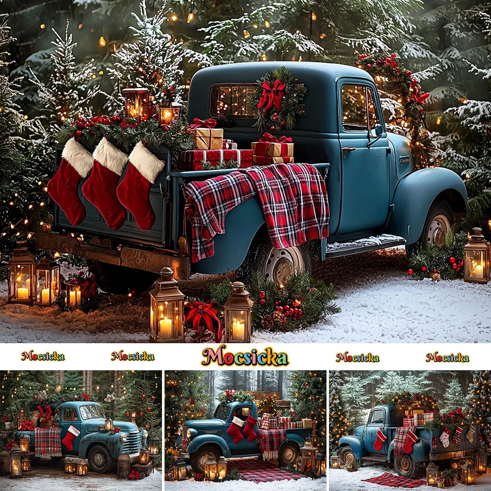 Mocsicka Photography Background Winter Christmas Tree Truck Garland Decor Supplies Kids Holiday Portraits Photo Backdrop Studio