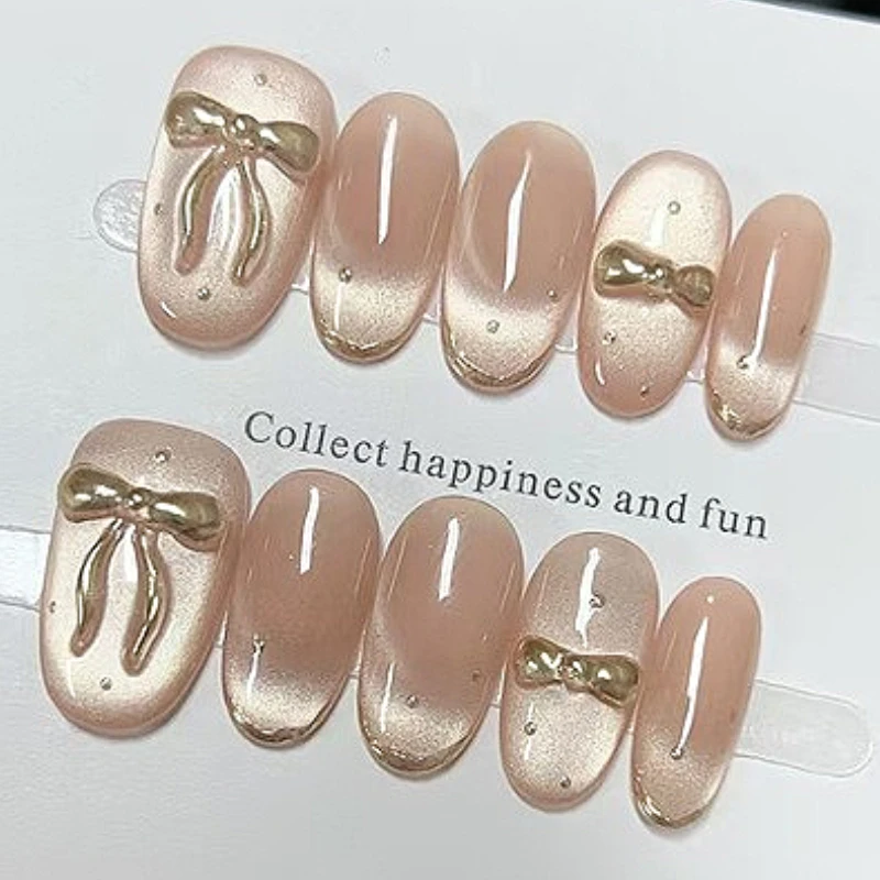 

10PCS Handmade Nude Shiny Cat Eye with Bowknot French Sweet Simple Luxury Designs Short Oval Press on Nails Fake Nails for Girls
