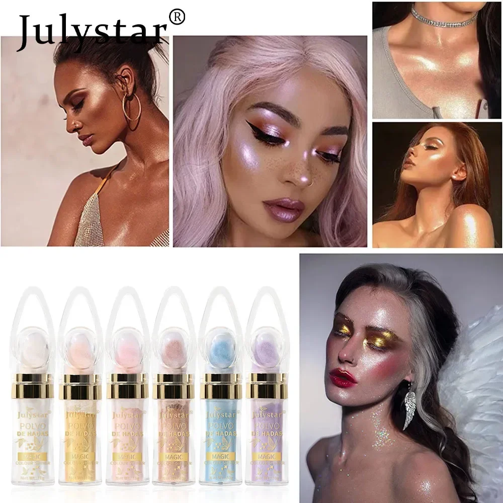 Julystar แป้งสำหรับใบหน้าและร่างกาย6สีประกายแวววาวกันน้ำติดทนนานแป้งไฮไลท์ทาตัวเซ็กซี่คอนทัวร์บลัช10กรัม