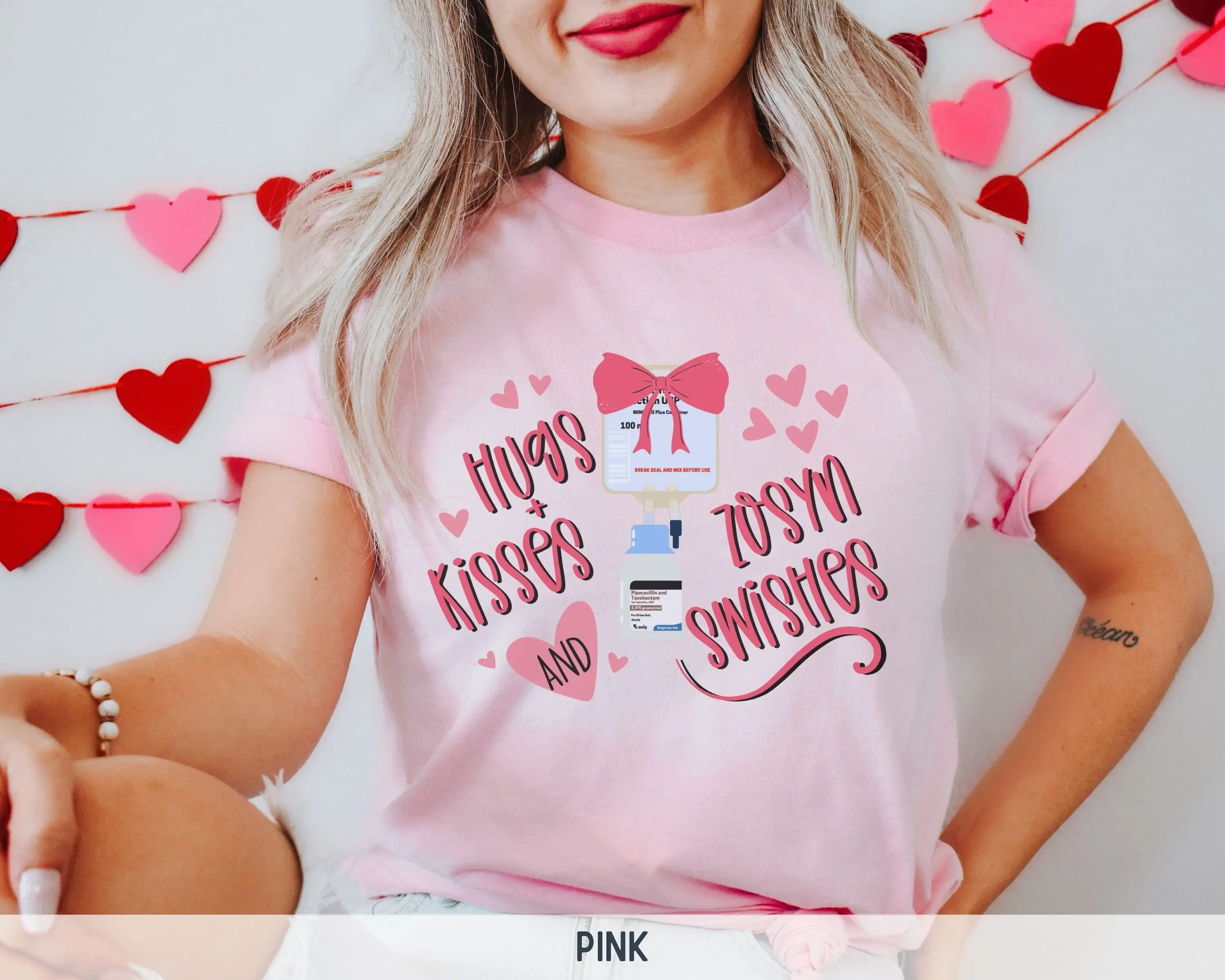 Funny Nurse Valentine'S Day T Shirt Hugs And Kisses Zosyn Swishes Valentines Pharmacist