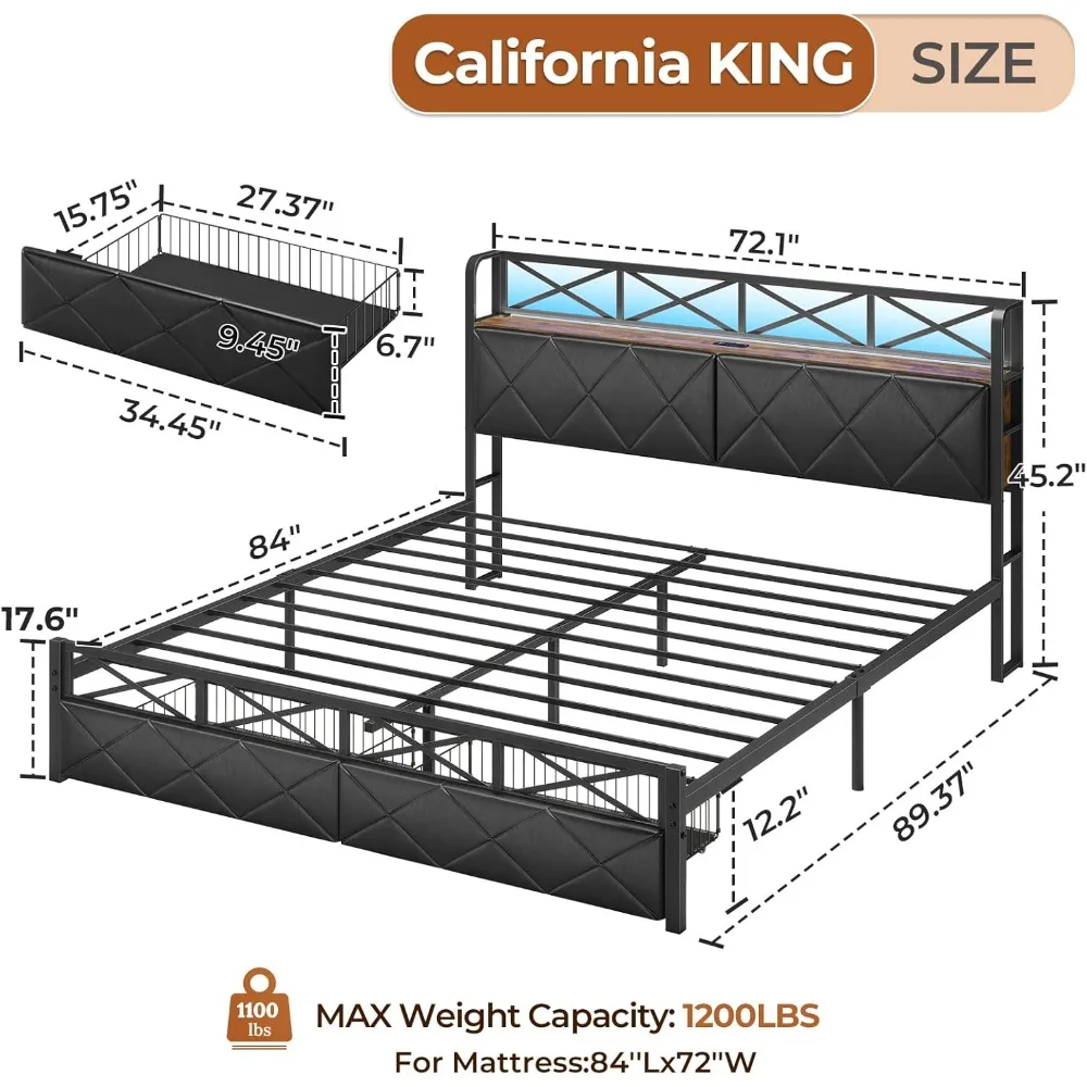 California King Bed Frame with Hidden Storage and 2Drawers Metal Cal King Size Platform Bed with Led Lights and Charging Station