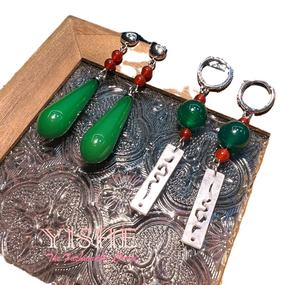 Chinese style agate imitation chalcedony handmade water drop earrings, court style emerald S925 silver needle classical exquisit