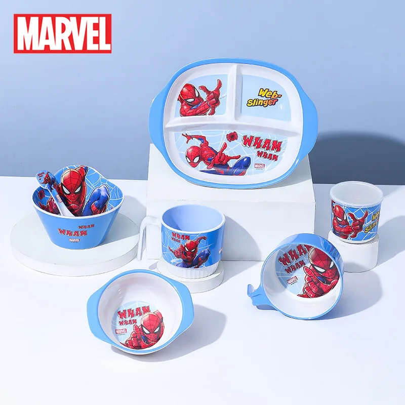 

Marvel Spider Man Dining Plate Superheroes Bowl Cup Spoon 3 Grid Tableware Food Plastic Kindergarten Children Lunch Rice Dish