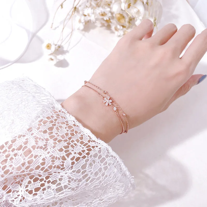 2022 Silver Color Double Layers Cherry Blossom Bracelets for Women Elegant Heart Chain Charm Bracelet Girl Birthday Party Gift