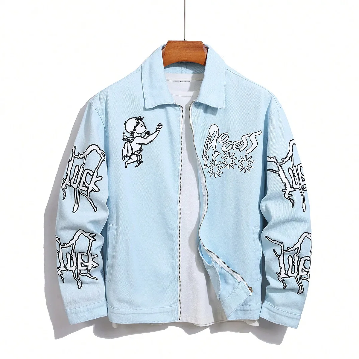 Men Baggy Denim Jacket Angel Graffiti Graphic Print Zip Up Turn Down Collar Coat Streetwear Punk Hip Hop Casual Outerwear