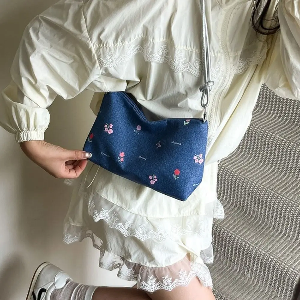 

Simple Korean Bow Underarm Bag Versatile Blue Denim Shoulder Bag Sweet Zipper Women's Handbag Girls