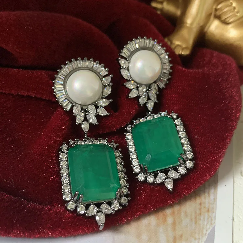 Charms S925 Silver Needle Square Emerald Crystal Pearl Earrings Retro Grace Vintage Dark Green Earring Women Jewelry Accessory