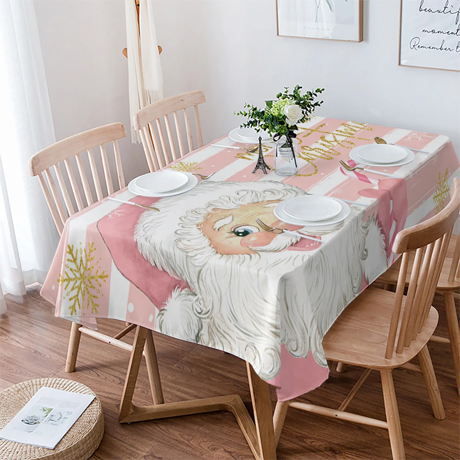 Christmas Pink Old Man Snowflake Candy Table Cloth Waterproof Dining Tablecloth Kitchen Decorative Party Table Cover