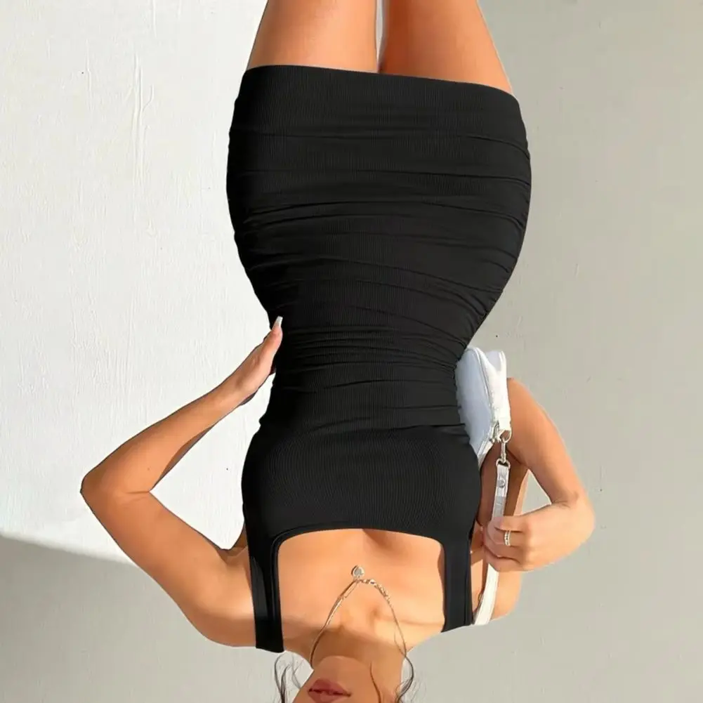 

Pure Color Rib Knit Dress Elastic Vest Dress Parties Women Mini Dress Pleated Sheath Dresses Slim Fit Square Neck Thread Dresses