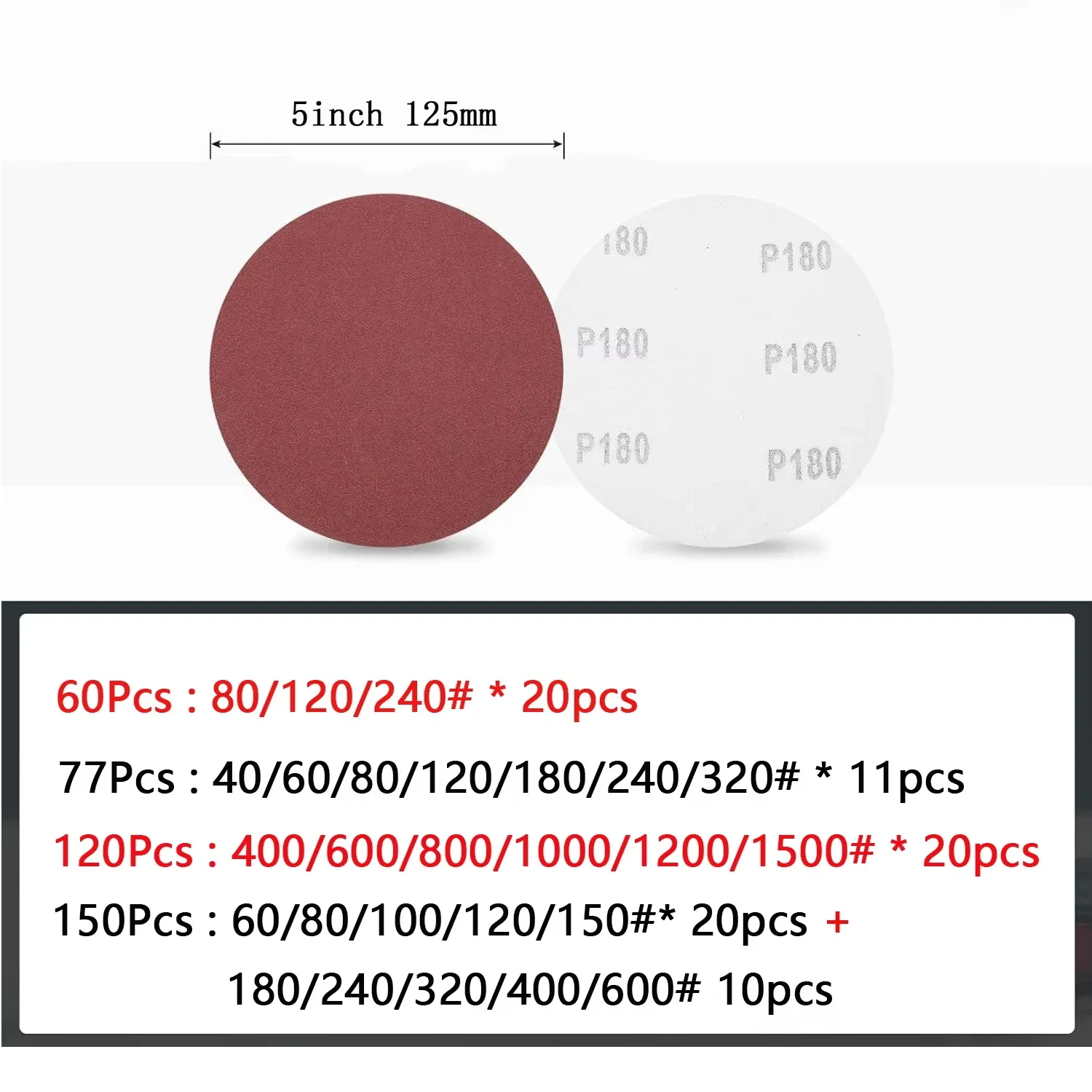 Sandpaper 125mm 5 Inch Hook and Loop Sanding Discs 60 77 120 150 Pcs for Orbital Sander Polishing Grinding Abrasive Discs