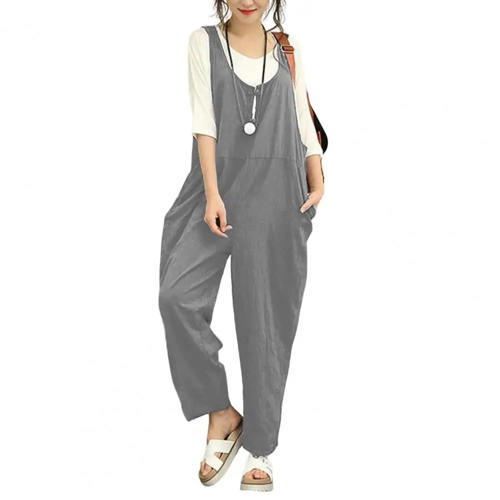 Sleeveless Overalls Women Jumpsuit Stylish Summer Women's Jumpsuit with U Neck Wide Leg Side Pockets Sleeveless for Casual for A