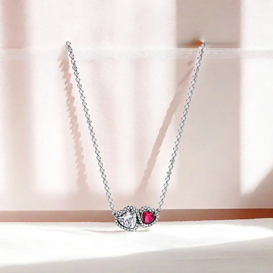 

Charming Jewelry S925 Sterling Silver Sparkling Double Heart Necklace Women Necklaces for Valentine's Day Silver Items