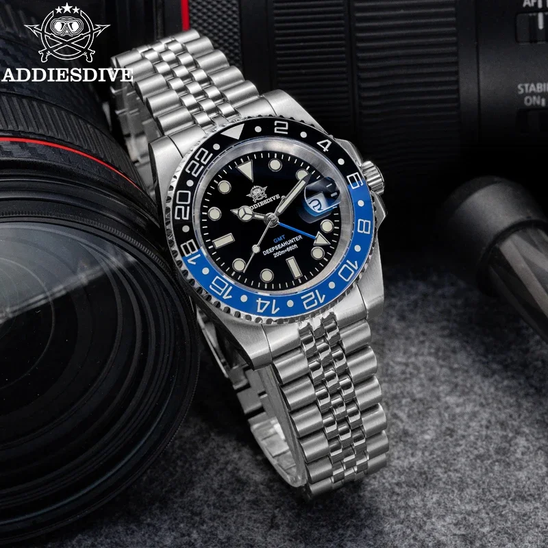 Addiesdive masculino gmt relógio ad2050 bgw9 super luminoso 20bar à prova dwaterproof água 316l aço inoxidável suíço landa 515-24h relógios de quartzo