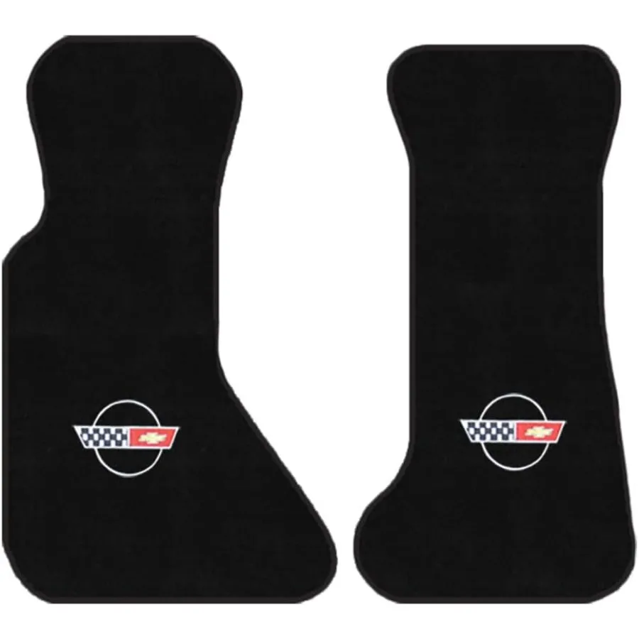 

Custom Fit 2 Piece Carpet Front Floor Mats Designed for 19841996 Corvette Coupe with Silver C4 Flag Logo Premium Black Interior