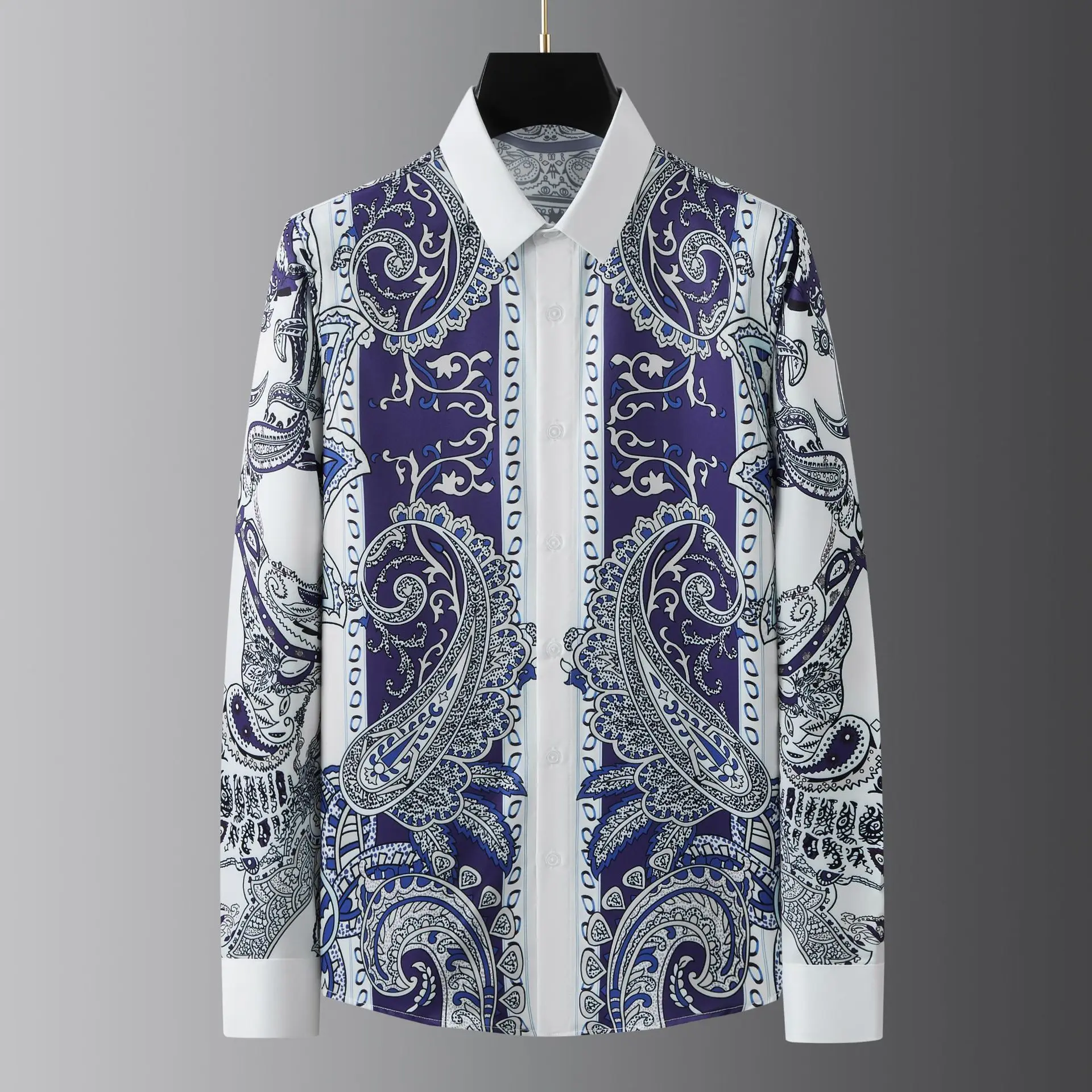 

European American Court Printed Men's Shirt Luxury Long Sleeve Slim Fit Casual Business Dress Shirt Social Party Banquet Blouse