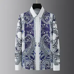 European American Court Printed Men's Shirt Luxury Long Sleeve Slim Fit Casual Business Dress Shirt Social Party Banquet Blouse