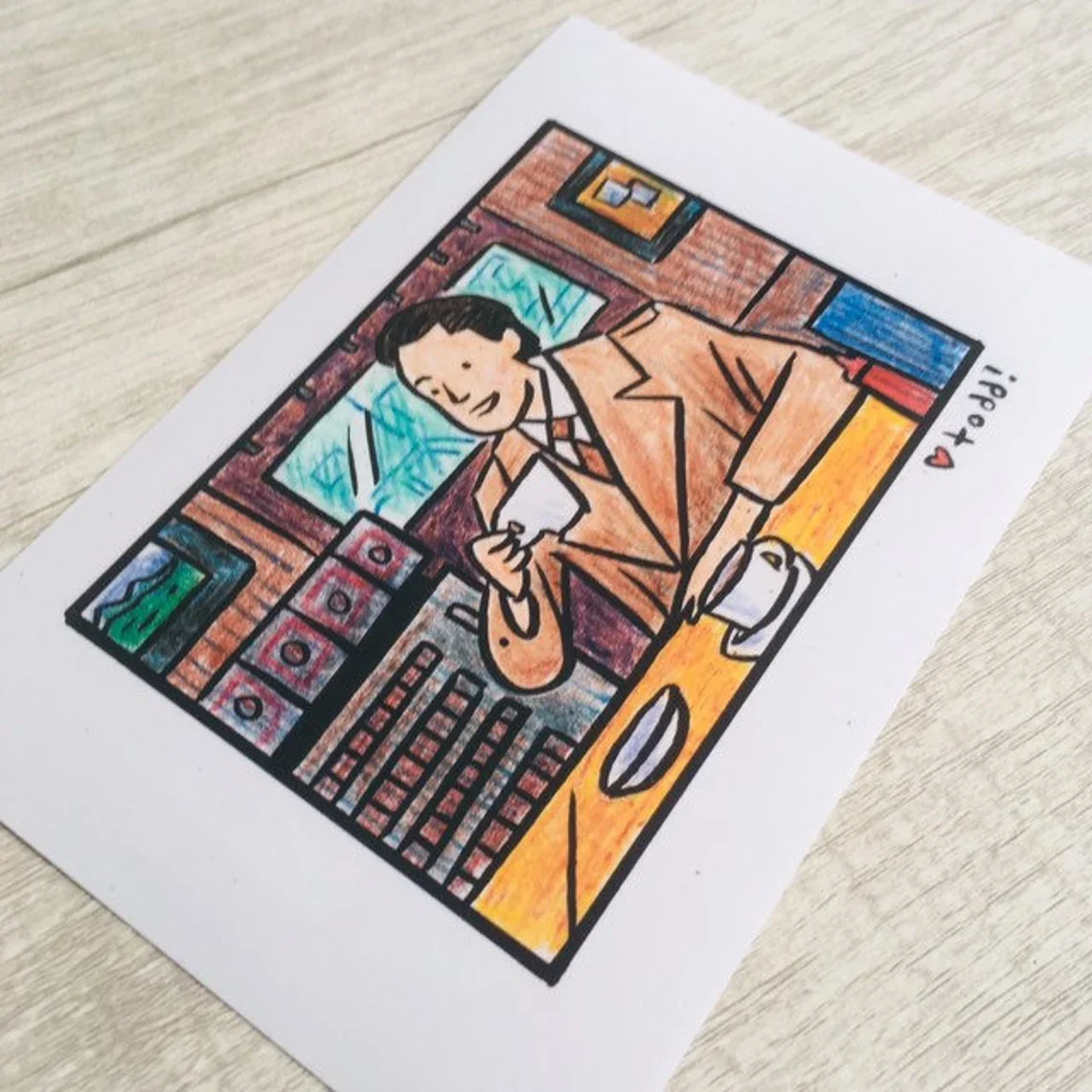 “Vintage-Style Hand-Drawn Illustration Art Print - Charming Man Enjoying Coffee in a Cozy Café Scene | Whimsical Retro Wall Deco view 2