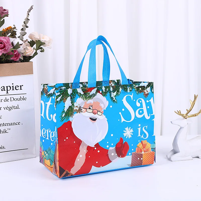 Santa Claus Elk Snowflake Print Handbag, Sacos do presente do Natal, Embrulho Suprimentos, Sacolas do Feliz Natal