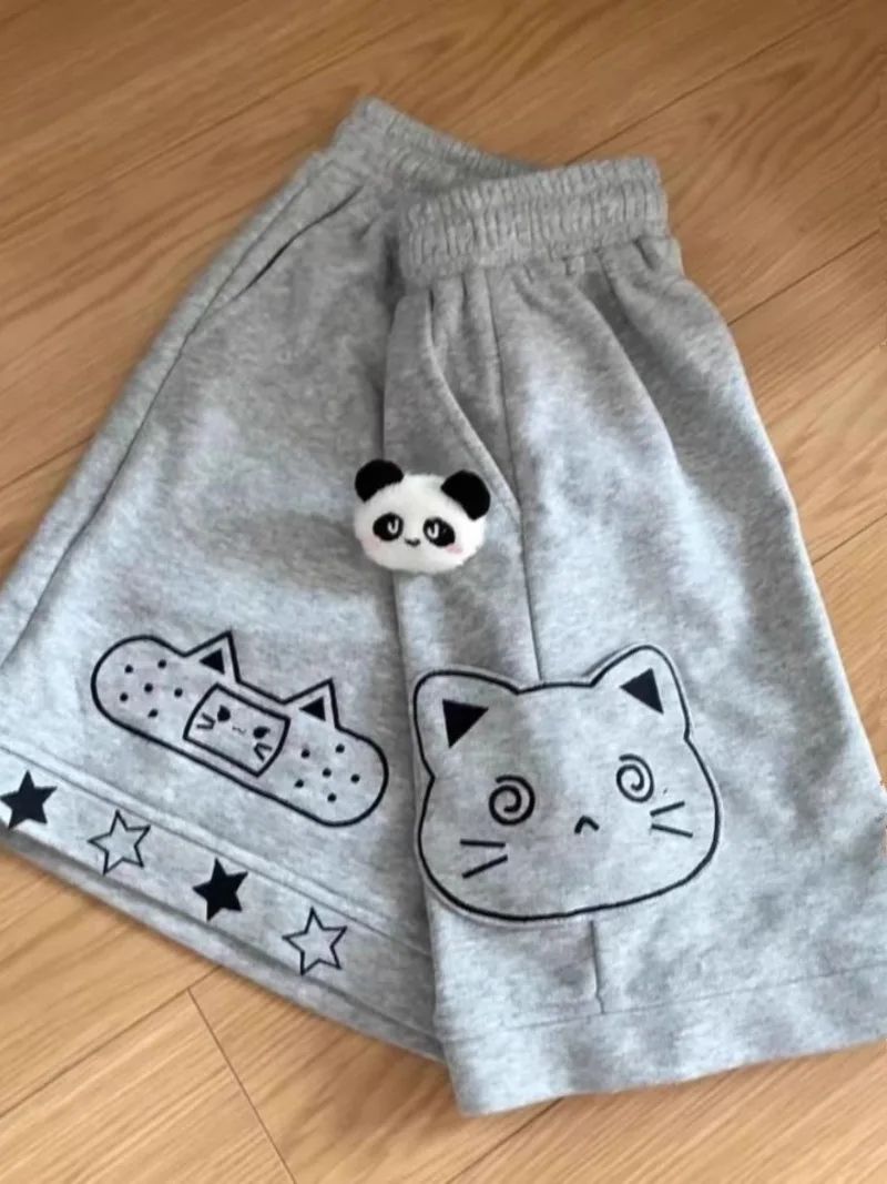 Summer Hot Girl Sweet Cute Two-Dimensional Cat Pocket Shorts Student Loose All-Matching Fifth Wide-Leg Short Pants Women Clothes