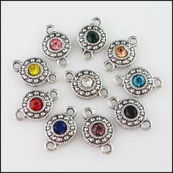 Fashion 20Pcs Mixed Crystal Tibetan Silver Plated Round Flower Charms Connectors 11x18mm HCJBAB