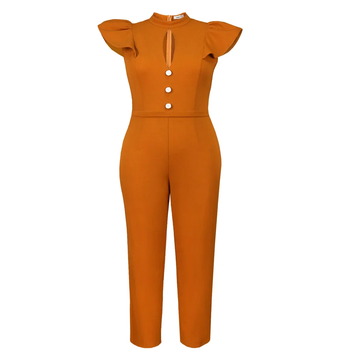 Women Brown Jumpsuit Sexy Cut Out Chest Slim Buttons Ruffles High Waist One Piece Formal Evening Event Rompers Plus Size