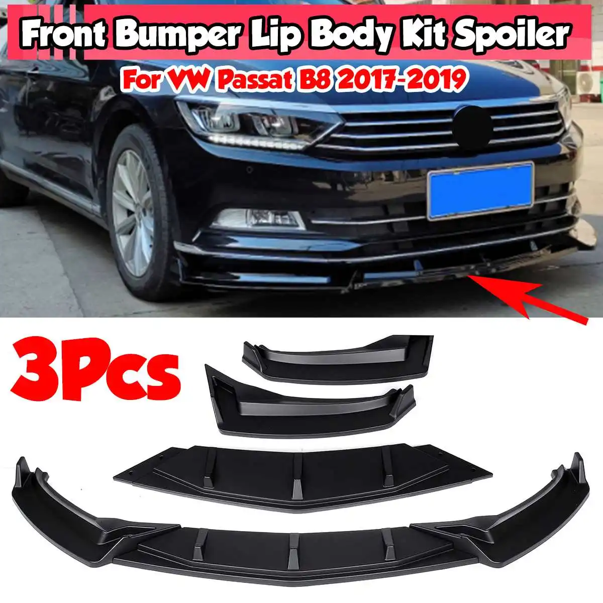 

3Pieces Car Front Bumper Splitter Lip Diffuser Body Kit Spoiler Protection Guard Deflector Lips For VW For Passat B8 2017-2019