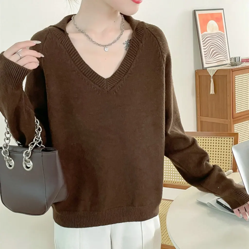 

Women's Navy Collar V-Neck Pullover Sweater Loose Fit Solid Color Korean Style Autumn Winter Base Layer Top